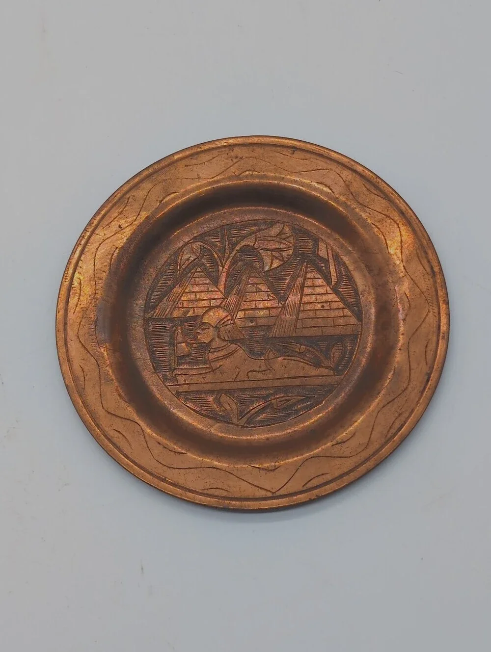Vintage Egyptian Copper Coasters Small Plates Sphinx & Pyramids - Pair of 2